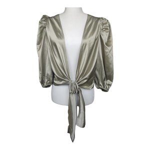 Sage Green Silky Tie Front puff 3/4 Sleeves Crop Top‎ Forever 21 Size Medium